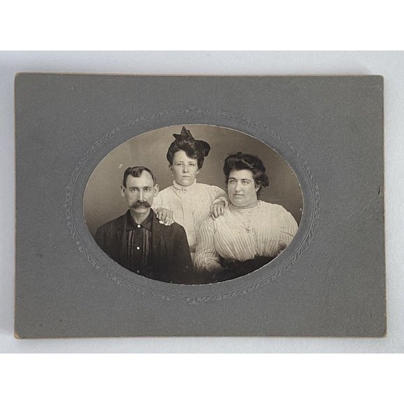 c1900 Cabinet Card Photo Two Women Man Large Bushy Mustache Oval Portrait - Picture 2 of 5